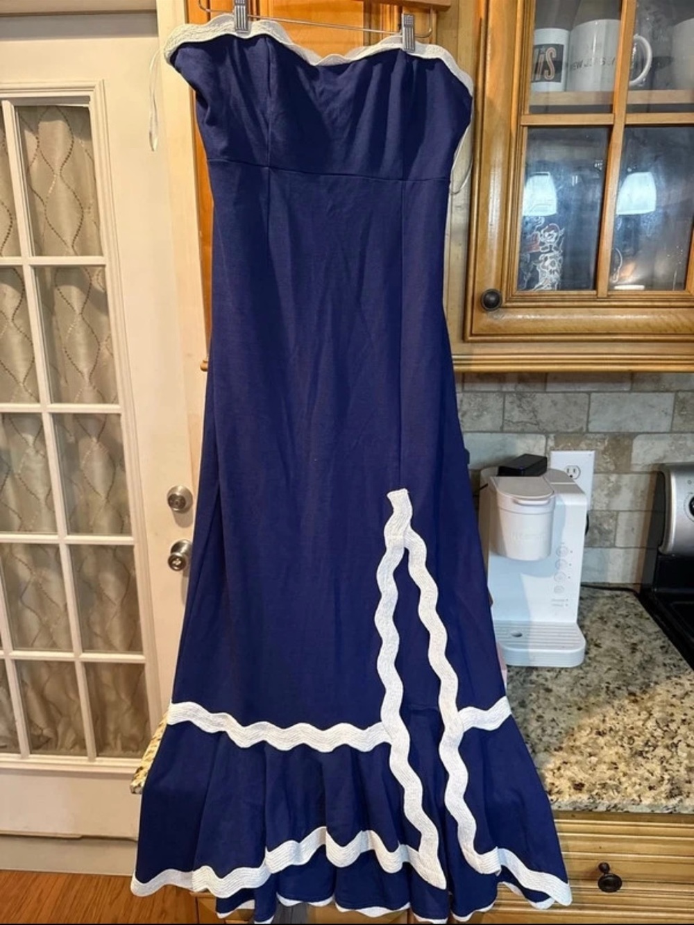 VENUS Navy Blue Strapless Maxi Dress with White Trim